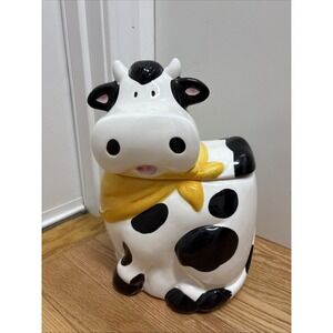 Vintage Cooks‎ Club B&W Ceramic Cow Cookie Jar With Yellow Bandana